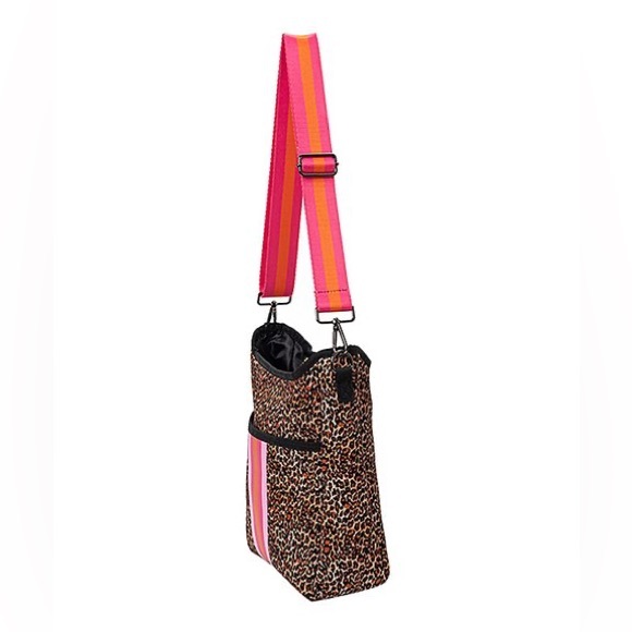 Leopard and hot pink striped accent Neoprene crossbody messenger bag - Picture 2 of 12